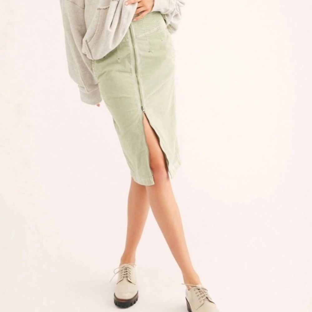 Free People I Want It All Cord Moss Zip Front High Waist Midi Skirt
